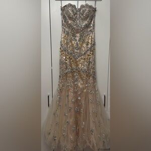 Jovani Strapless Champagne Dress with Gold and Silver Embellishments